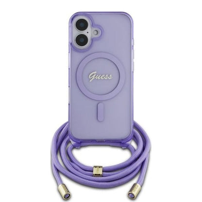 Pouzdro MagSafe pro Apple iPhone 16, Guess, IML Crossbody Cord Script, Fialová