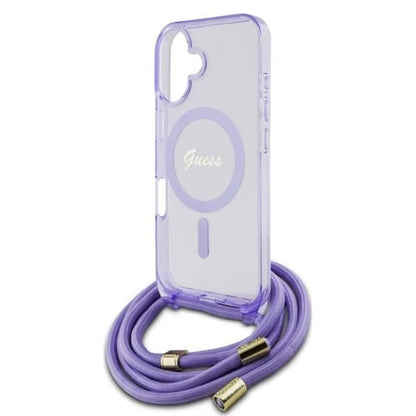 Pouzdro MagSafe pro Apple iPhone 16, Guess, IML Crossbody Cord Script, Fialová