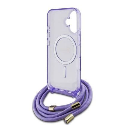 Pouzdro MagSafe pro Apple iPhone 16, Guess, IML Crossbody Cord Script, Fialová