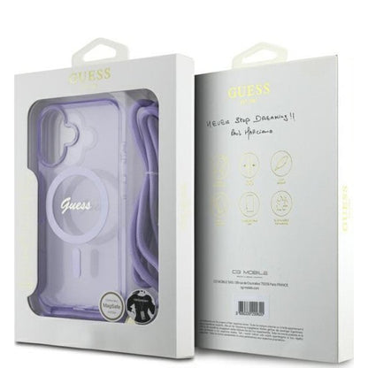 Pouzdro MagSafe pro Apple iPhone 16, Guess, IML Crossbody Cord Script, Fialová