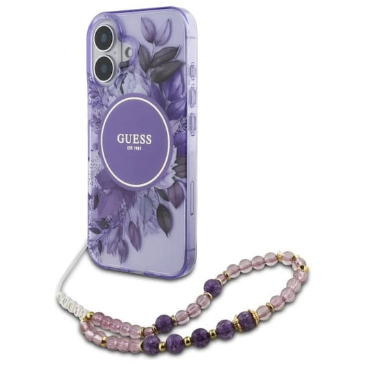 Pouzdro MagSafe pro Apple iPhone 16, Guess, IML Flowers with Pearl Strap, Fialová