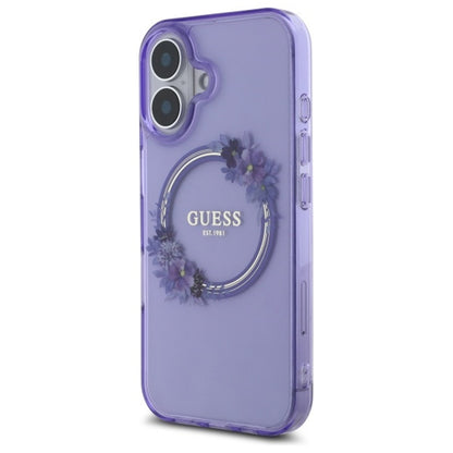MagSafe Case for Apple iPhone 16, Guess, IML Flowers Wreath, Purple
