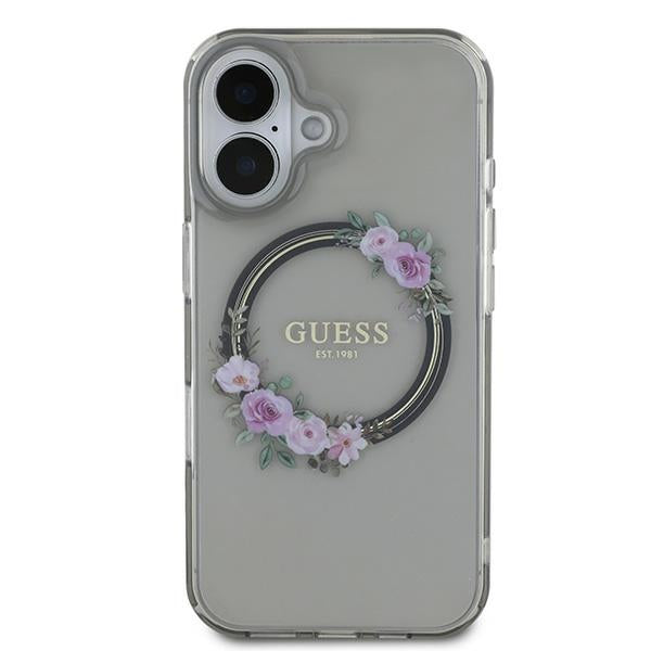 Pouzdro MagSafe pro Apple iPhone 16, Guess, IML Flowers Wreath, Černá