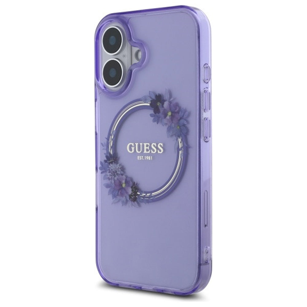 Pouzdro MagSafe pro Apple iPhone 16, Guess, IML Flowers Wreath, Růžové