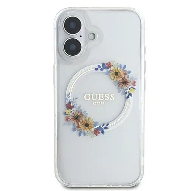 MagSafe Case for Apple iPhone 16, Guess, IML Flowers Wreath, Transparent