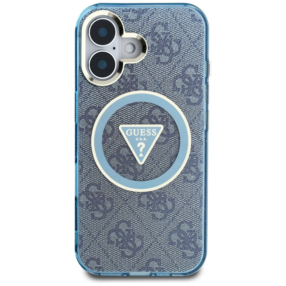 Pouzdro MagSafe pro Apple iPhone 16, Guess, IML Glitter 4G Circle Triangle, Modrá