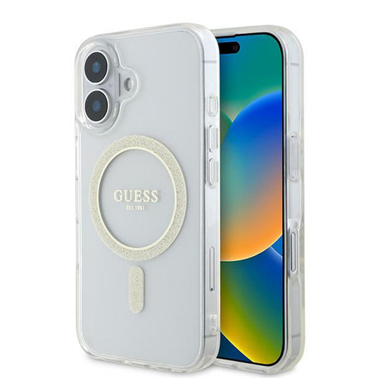 Pouzdro MagSafe pro Apple iPhone 16, Guess, IML Glitter Circle, Průhledné