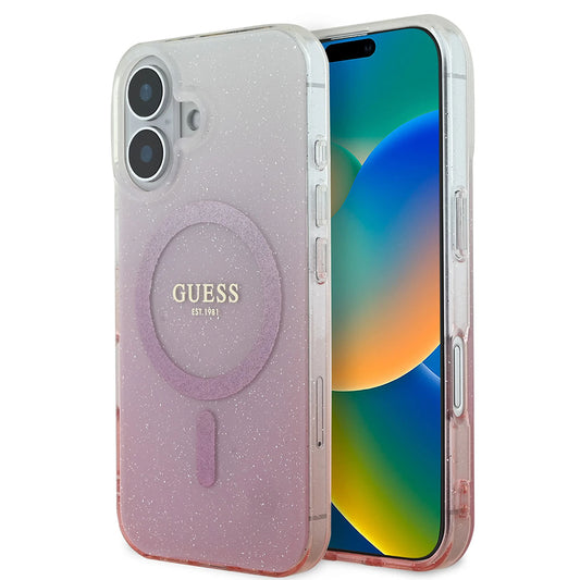 Pouzdro MagSafe pro Apple iPhone 16, Guess, IML Glitter Gradient, Růžové