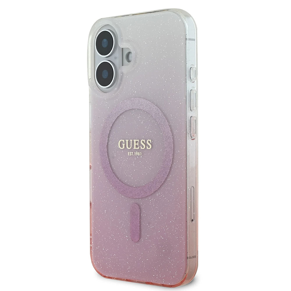 Pouzdro MagSafe pro Apple iPhone 16, Guess, IML Glitter Gradient, Růžové