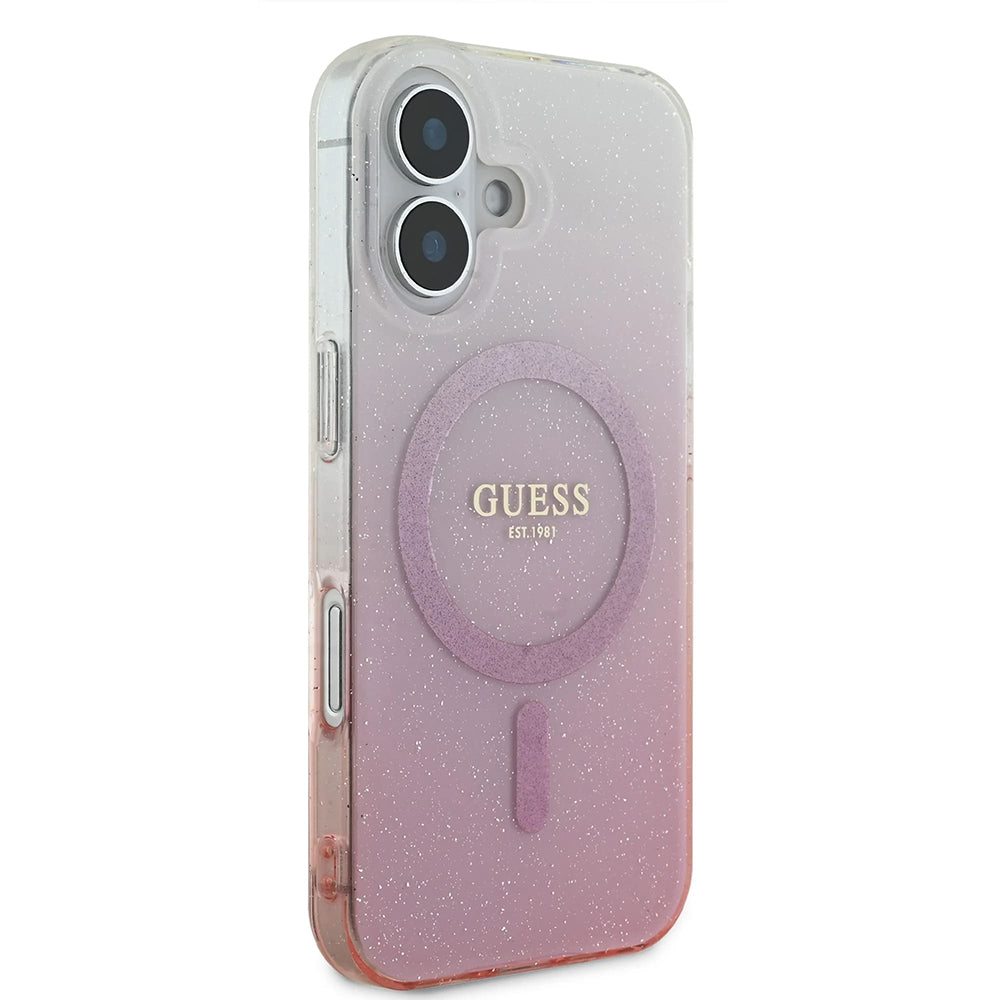 Pouzdro MagSafe pro Apple iPhone 16, Guess, IML Glitter Gradient, Růžové
