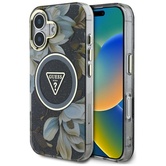Pouzdro MagSafe pro Apple iPhone 16, Guess, IML Metal Glitter Flowers Triangle, Černá