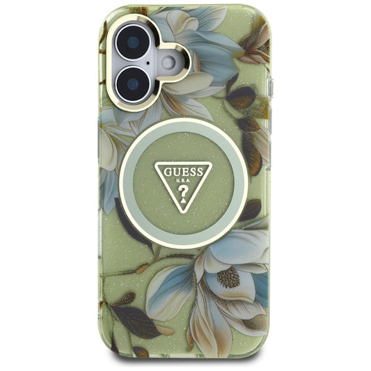 Pouzdro MagSafe pro Apple iPhone 16, Guess, IML Metal Glitter Flowers Triangle, Zelená