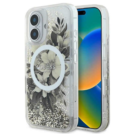 Pouzdro MagSafe pro Apple iPhone 16, Guess, Liquid Glitter Flower, Bežová