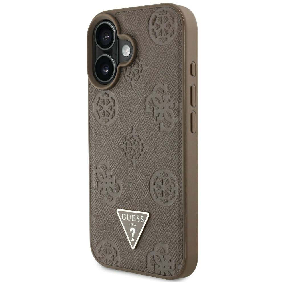 Pouzdro MagSafe pro Apple iPhone 16, Guess, Peony Grained Hot Stamp Triangle, Hnědá