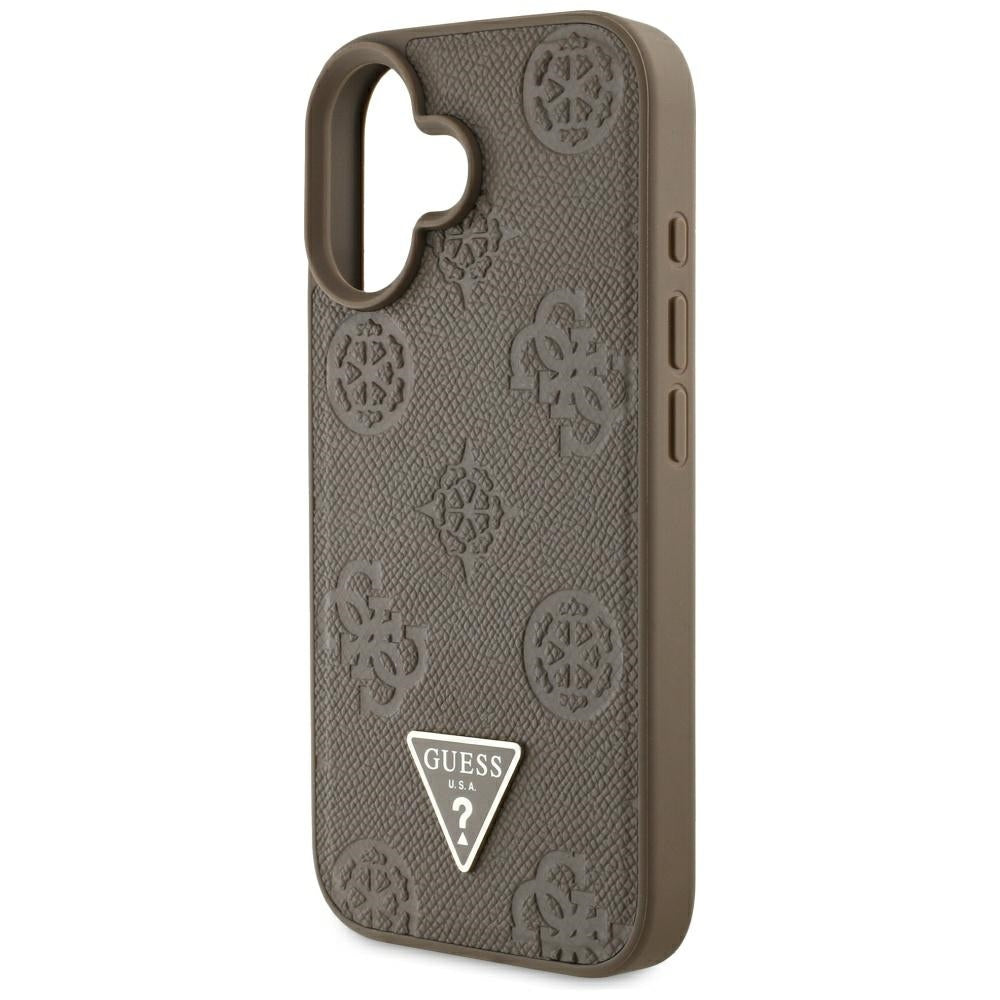 Pouzdro MagSafe pro Apple iPhone 16, Guess, Peony Grained Hot Stamp Triangle, Hnědá