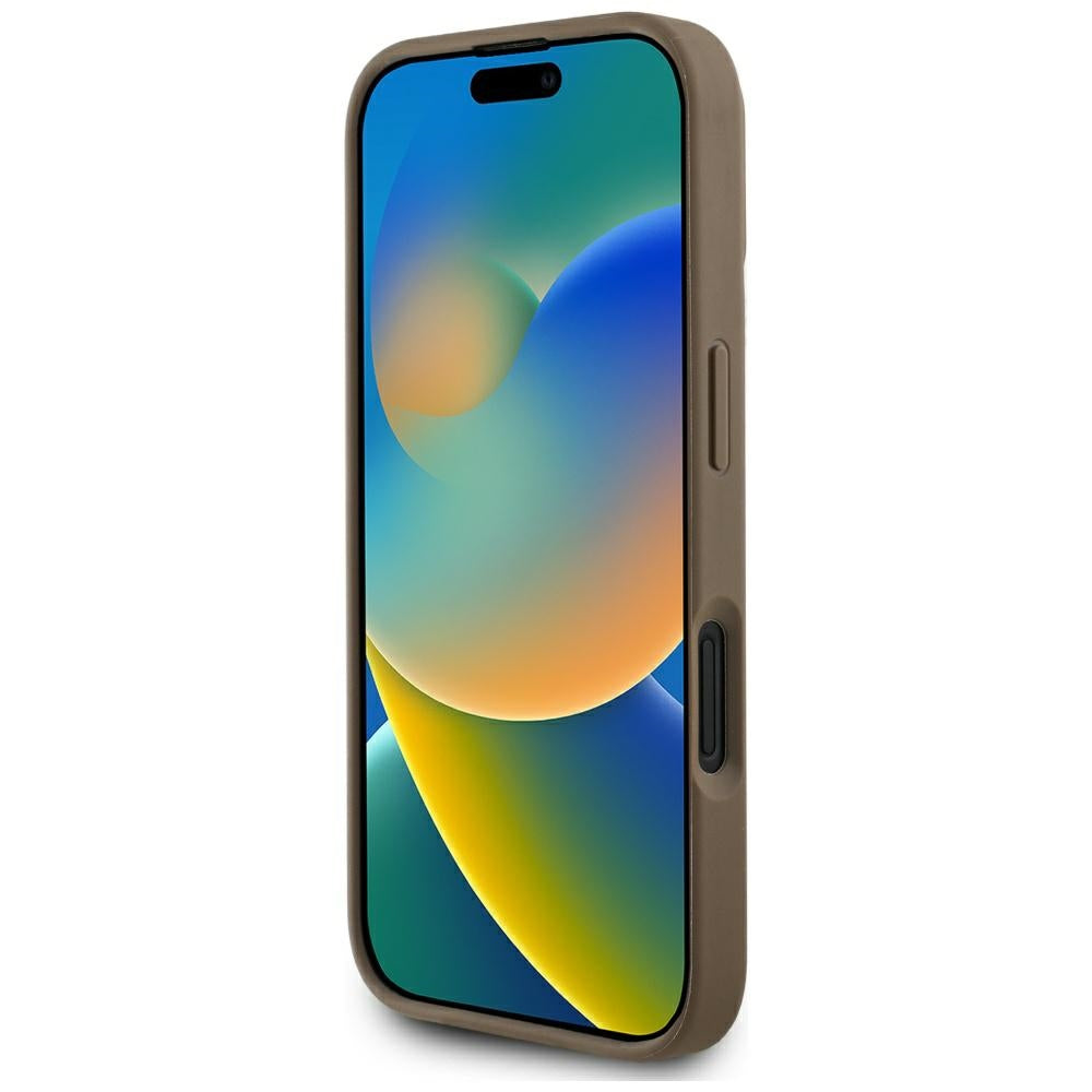 Pouzdro MagSafe pro Apple iPhone 16, Guess, Peony Grained Hot Stamp Triangle, Hnědá