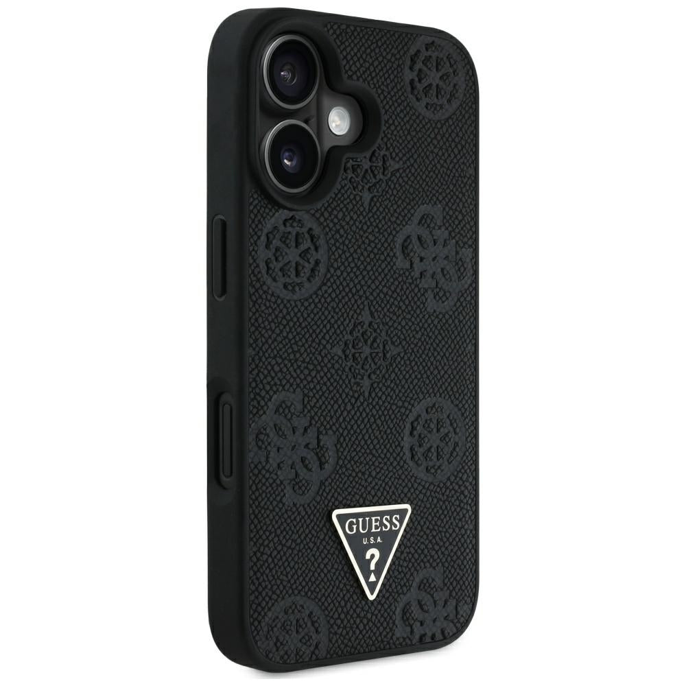 Pouzdro MagSafe pro Apple iPhone 16, Guess, Peony Grained Hot Stamp Triangle, Černá
