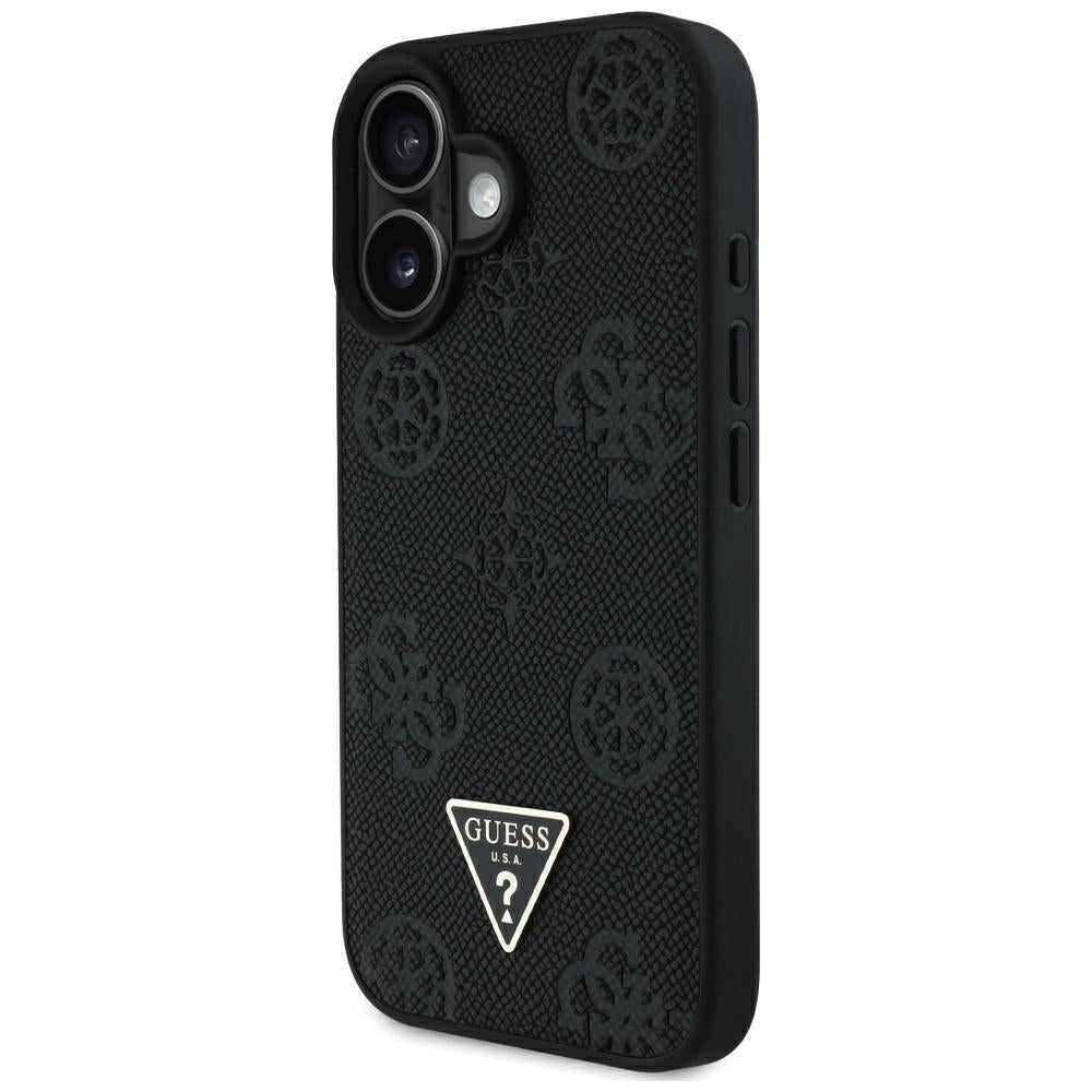 Pouzdro MagSafe pro Apple iPhone 16, Guess, Peony Grained Hot Stamp Triangle, Černá