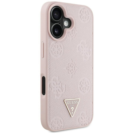 Pouzdro MagSafe pro Apple iPhone 16, Guess, Peony Grained Hot Stamp Triangle, Růžové