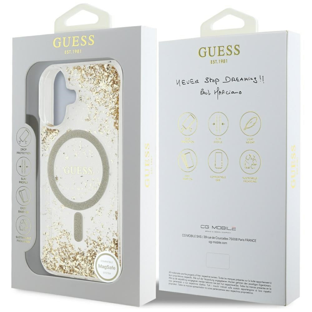 Pouzdro MagSafe pro Apple iPhone 16, Guess, Resin Bottom Glitter, Zlaté