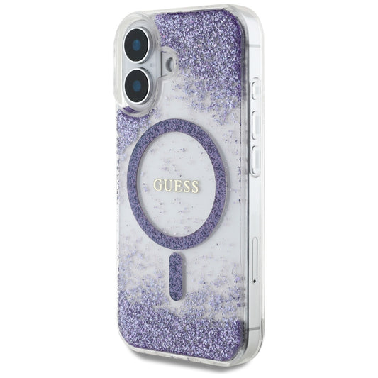 Pouzdro MagSafe pro Apple iPhone 16, Guess, Resin Bottom Glitter, Fialová