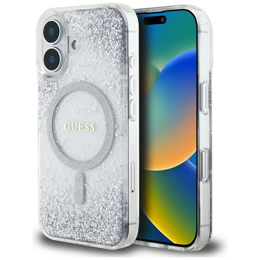 Pouzdro MagSafe pro Apple iPhone 16, Guess, Resin Gradient Glitter, Stříbrné