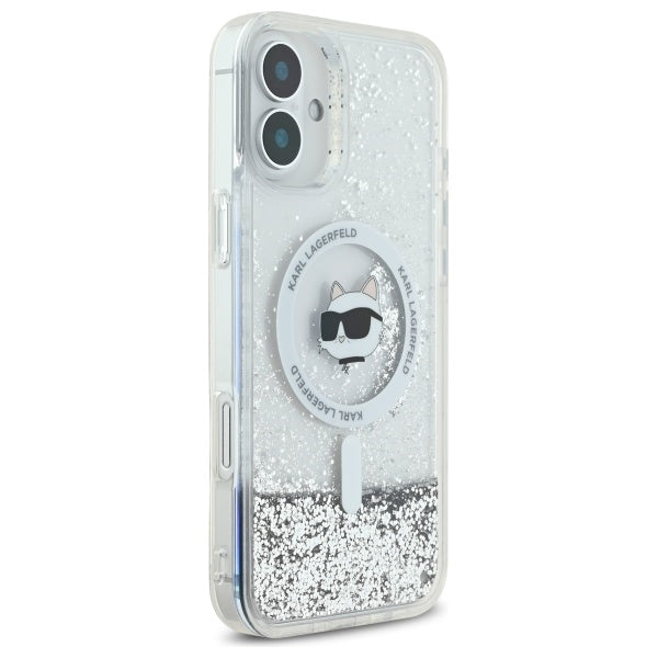 Pouzdro MagSafe pro Apple iPhone 16, Karl Lagerfeld, Glitter Liquid Choupette Head, Průhledné