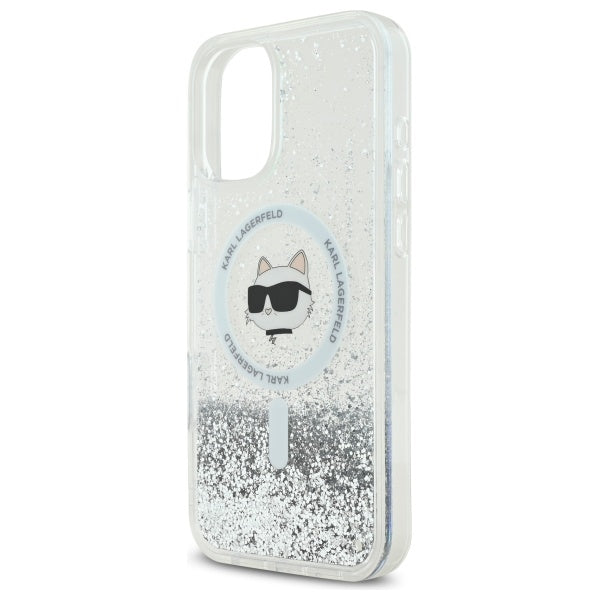 Pouzdro MagSafe pro Apple iPhone 16, Karl Lagerfeld, Glitter Liquid Choupette Head, Průhledné