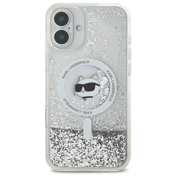 Pouzdro MagSafe pro Apple iPhone 16, Karl Lagerfeld, Glitter Liquid Choupette Head, Průhledné