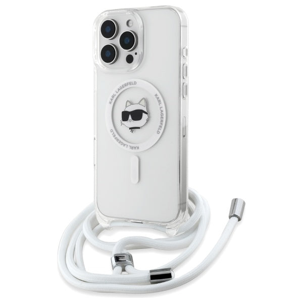 Pouzdro MagSafe pro Apple iPhone 16, Karl Lagerfeld, IML Crossbody Choupette's Head with Strap, Průhledné