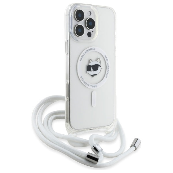 Pouzdro MagSafe pro Apple iPhone 16, Karl Lagerfeld, IML Crossbody Choupette's Head with Strap, Průhledné