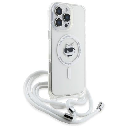 Pouzdro MagSafe pro Apple iPhone 16, Karl Lagerfeld, IML Crossbody Choupette's Head with Strap, Průhledné
