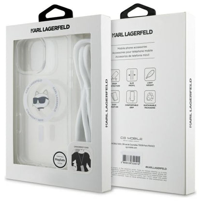 Pouzdro MagSafe pro Apple iPhone 16, Karl Lagerfeld, IML Crossbody Choupette's Head with Strap, Průhledné