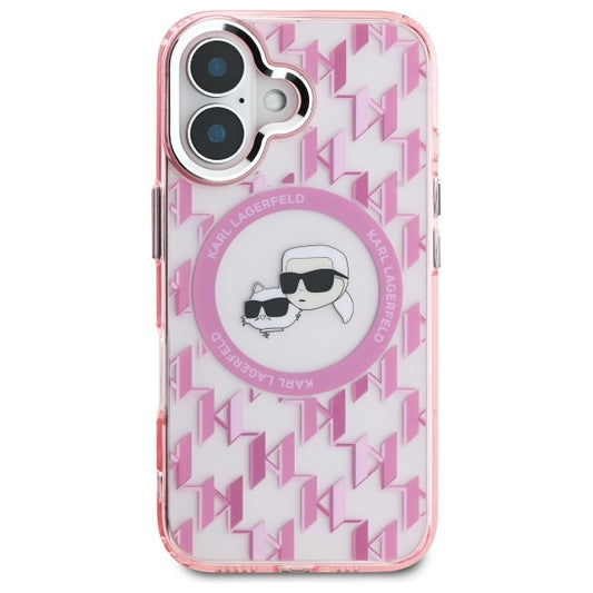 MagSafe Case for Apple iPhone 16, Karl Lagerfeld, IML Monogram Karl & Choupette's Heads, Pink