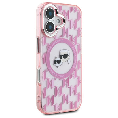 MagSafe Case for Apple iPhone 16, Karl Lagerfeld, IML Monogram Karl & Choupette's Heads, Pink