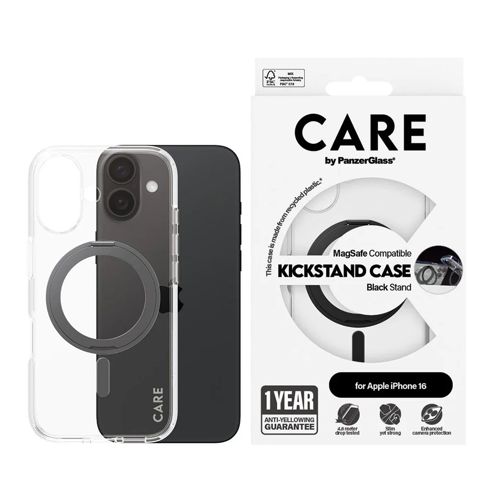 Pouzdro MagSafe pro Apple iPhone 16, PanzerGlass, Care Feature Kickstand, Černá Transparentní