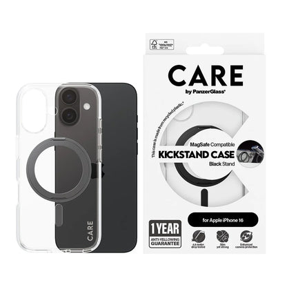 Pouzdro MagSafe pro Apple iPhone 16, PanzerGlass, Care Feature Kickstand, Černá Transparentní