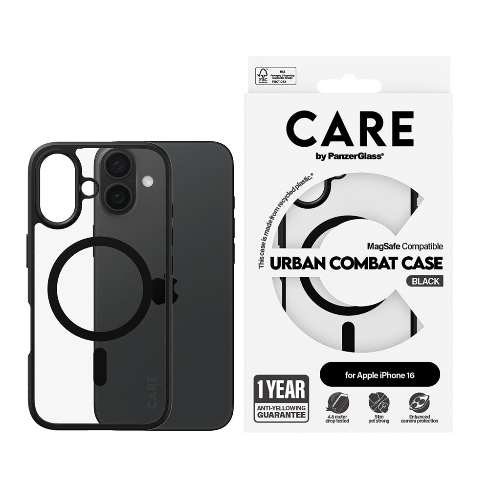 Pouzdro MagSafe pro Apple iPhone 16, PanzerGlass, Care Urban Combat, Černě průhledné