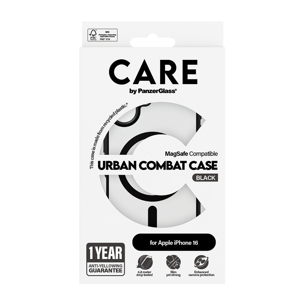 Pouzdro MagSafe pro Apple iPhone 16, PanzerGlass, Care Urban Combat, Černě průhledné