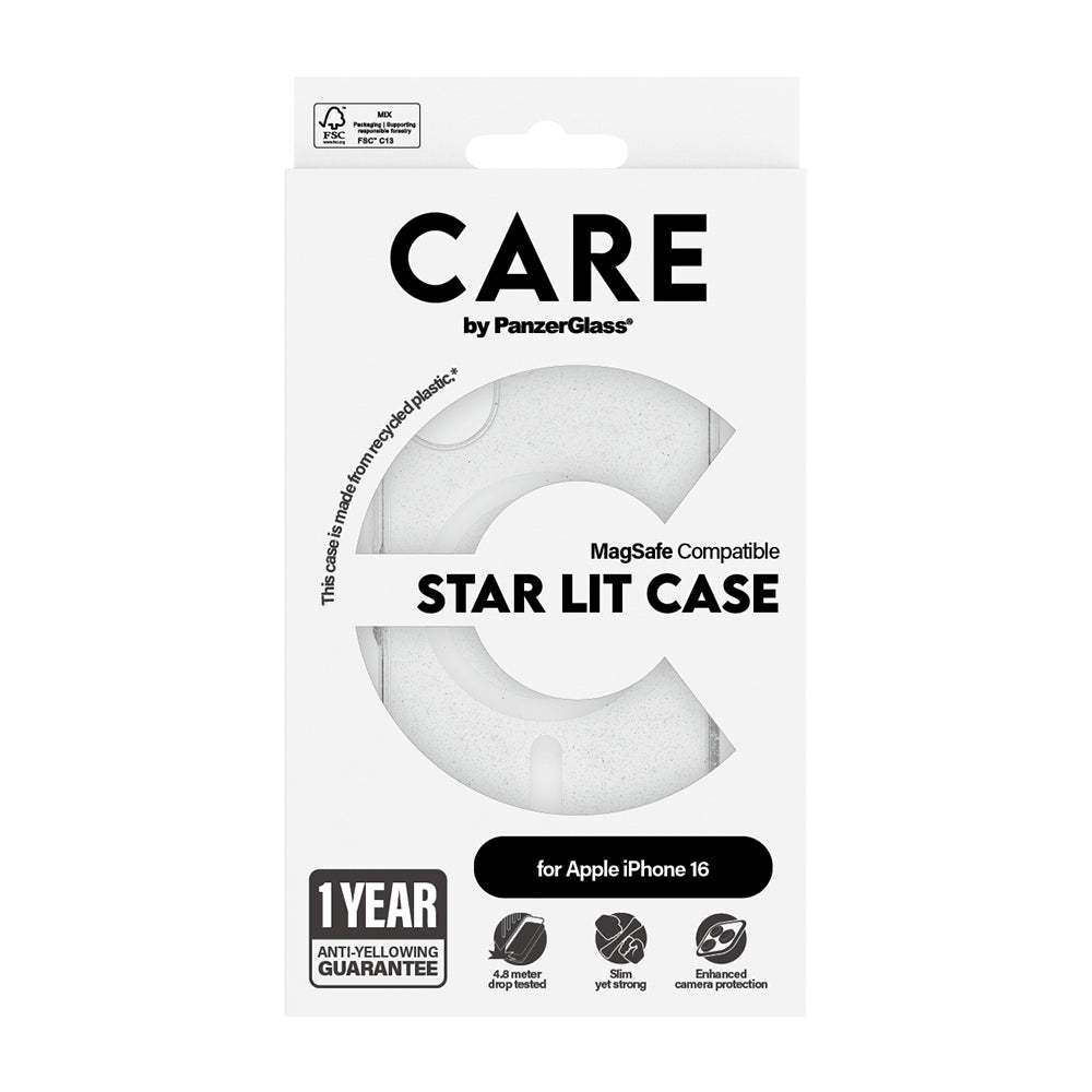 Pouzdro MagSafe pro Apple iPhone 16, PanzerGlass, Care Urban Combat Star Lit, Průhledná Bílá
