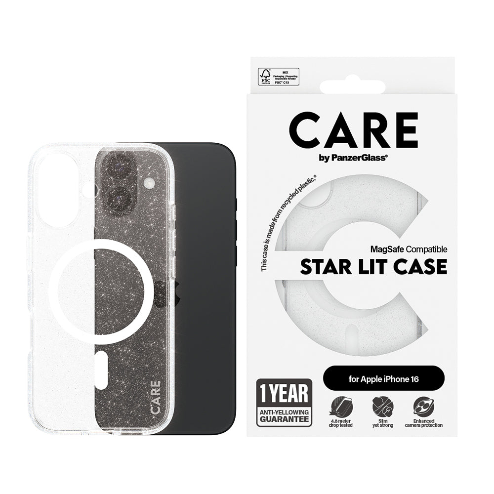 Pouzdro MagSafe pro Apple iPhone 16, PanzerGlass, Care Urban Combat Star Lit, Průhledná Bílá