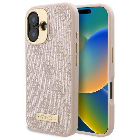 Pouzdro MagSafe pro Apple iPhone 16 Plus, Guess, 4G Logo Plate, Růžové