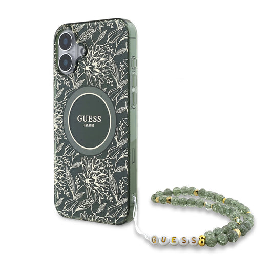 Pouzdro MagSafe pro Apple iPhone 16 Plus, Guess, IML Flowers Allover Electroplated with Pearl Strap, Zelená