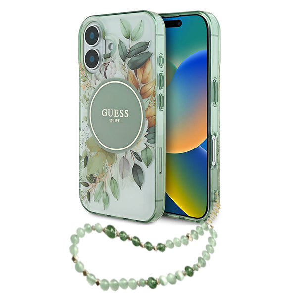 MagSafe Case for Apple iPhone 16 Plus, Guess, IML Flowers with Pearl Strap, Green