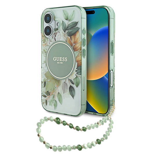 Pouzdro MagSafe pro Apple iPhone 16 Plus, Guess, IML Flowers with Pearl Strap, Zelená