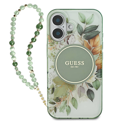 MagSafe Case for Apple iPhone 16 Plus, Guess, IML Flowers with Pearl Strap, Green