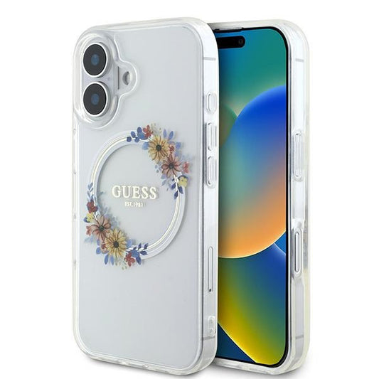 Pouzdro MagSafe pro Apple iPhone 16 Plus, Guess, IML Flowers Wreath, Průhledné