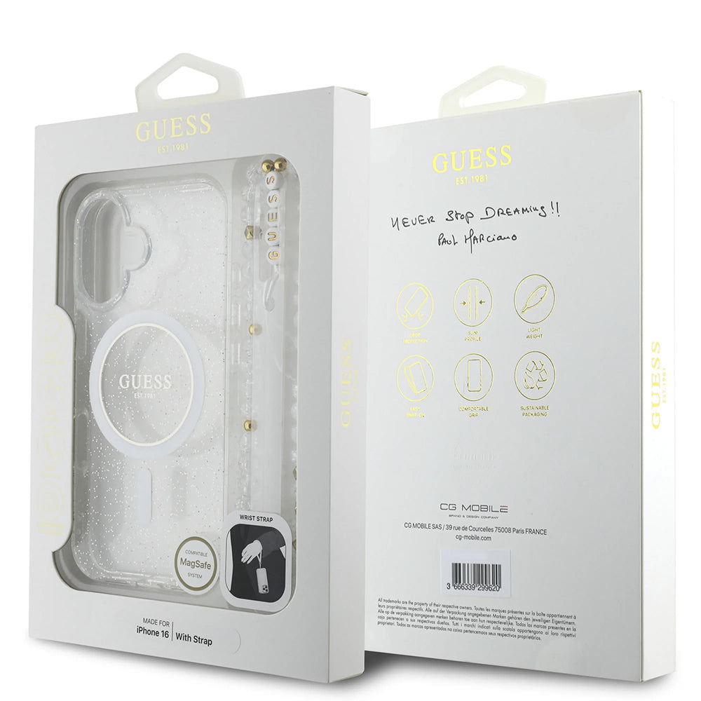 Pouzdro MagSafe pro Apple iPhone 16 Plus, Guess, IML Glitter with Pearl Strap, Transparentní