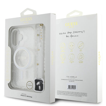 Pouzdro MagSafe pro Apple iPhone 16 Plus, Guess, IML Glitter with Pearl Strap, Transparentní