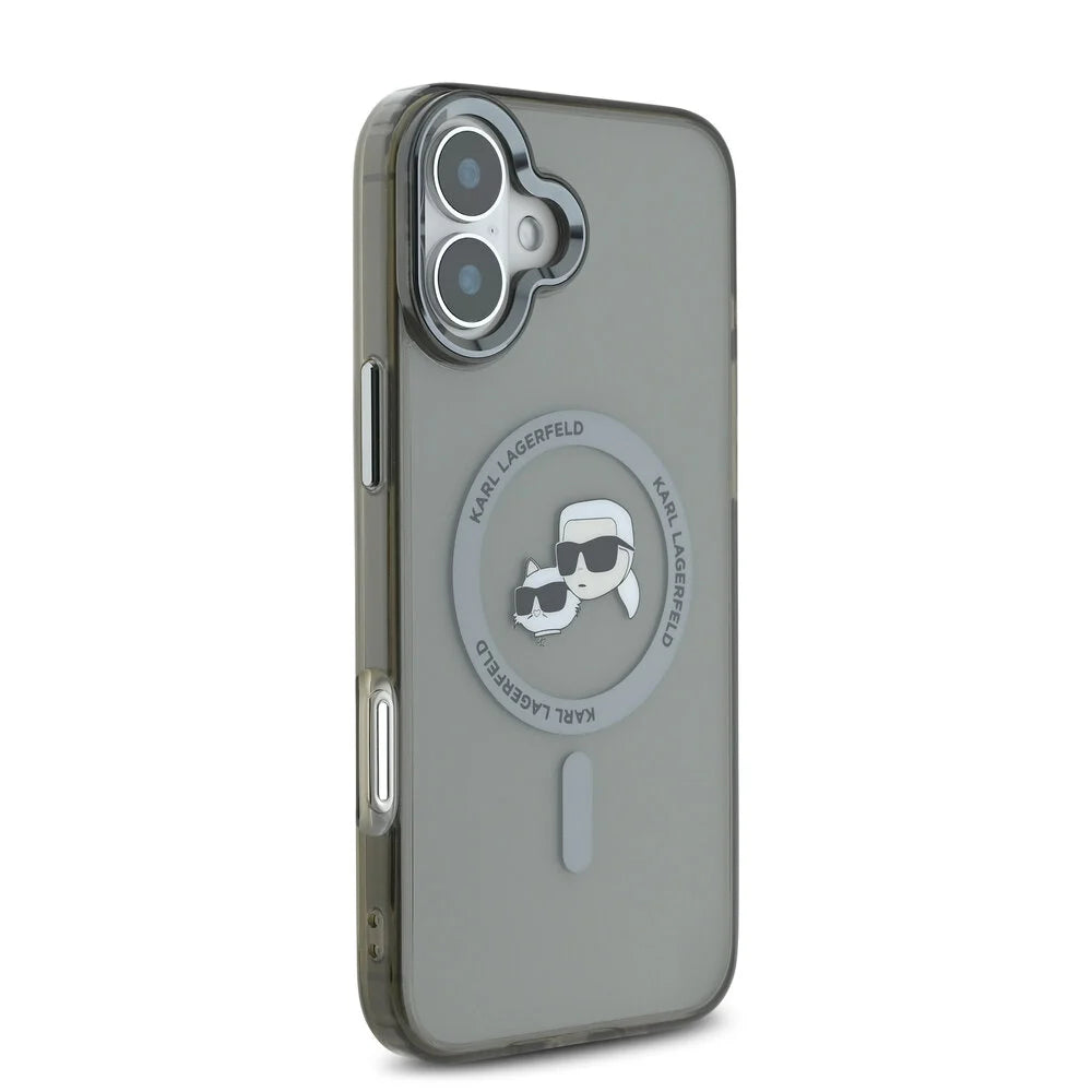 MagSafe Case for Apple iPhone 16 Plus, Karl Lagerfeld, IML Metal Karl & Choupette's Heads, Black